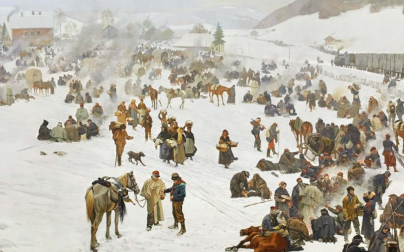 Ölgemälde einer verschneiten Landschaft. Überall verteilt sieht man viele Menschen. Im Zentrum des Bildes auf ein Bauer einem französischen Soldaten ein Pferd ab. 