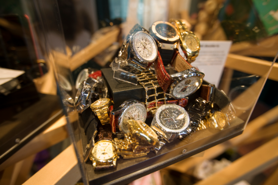 Fake watches in a display case