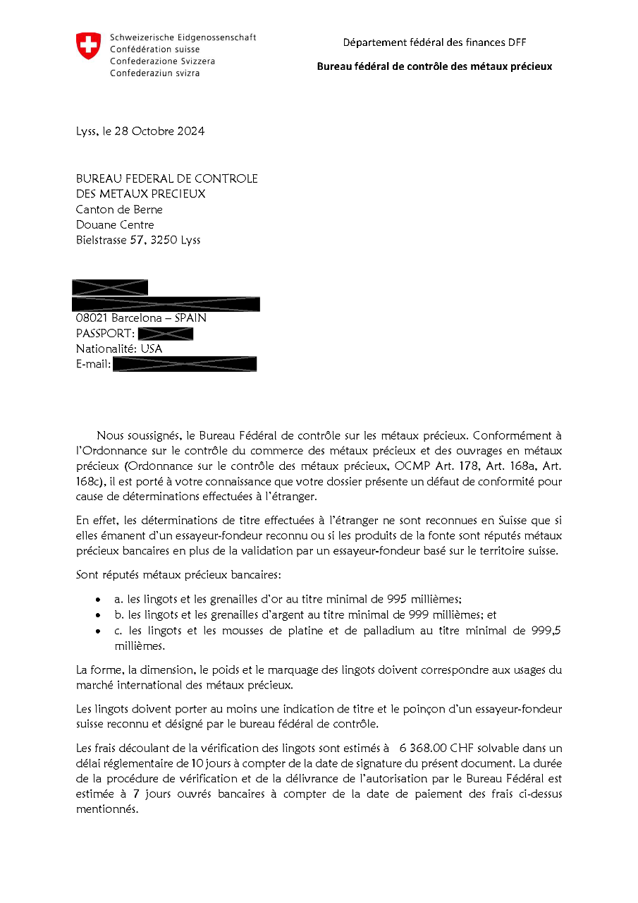 Phishing alert from the precious metal control 1