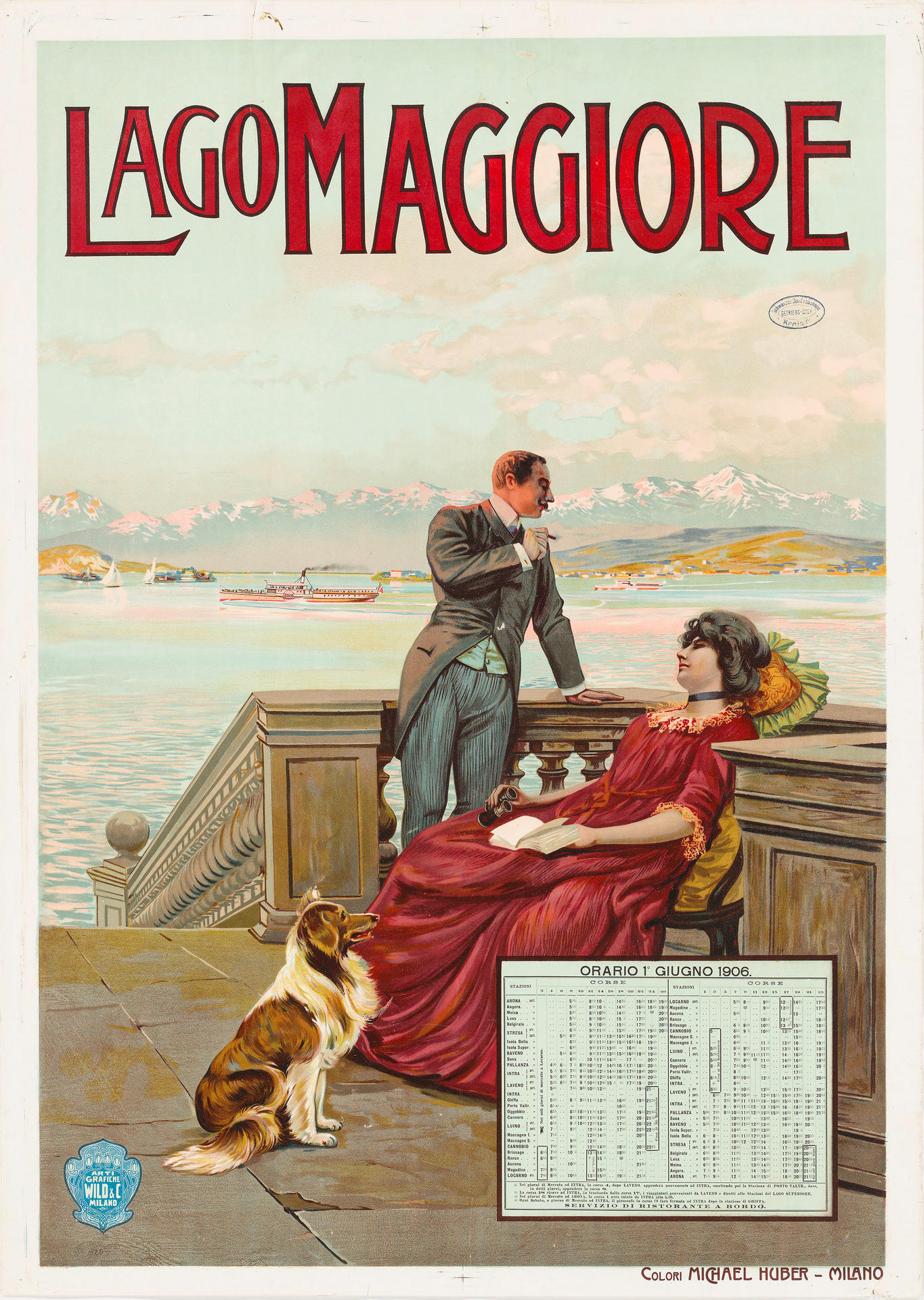 Teaser image for the special exhibition: picture looks like a painting. At the top of the picture is written «Lago Maggiore». Below stands a neatly dressed man. He leans against a waist-high wall and looks into the distance. In addition he smokes a cigarette. In the foreground you can see a woman in a red dress sitting on a chair and leaning backwards against the same wall. In front of the woman sits a dog that looks at her. In the background of this scenery one sees the Lago Maggiore, some hills at the board of the lake. the Alps and a ship, which crosses the lake. at the lower right edge of the picture, one sees the timetable of the ship crossing from the year 1906. 