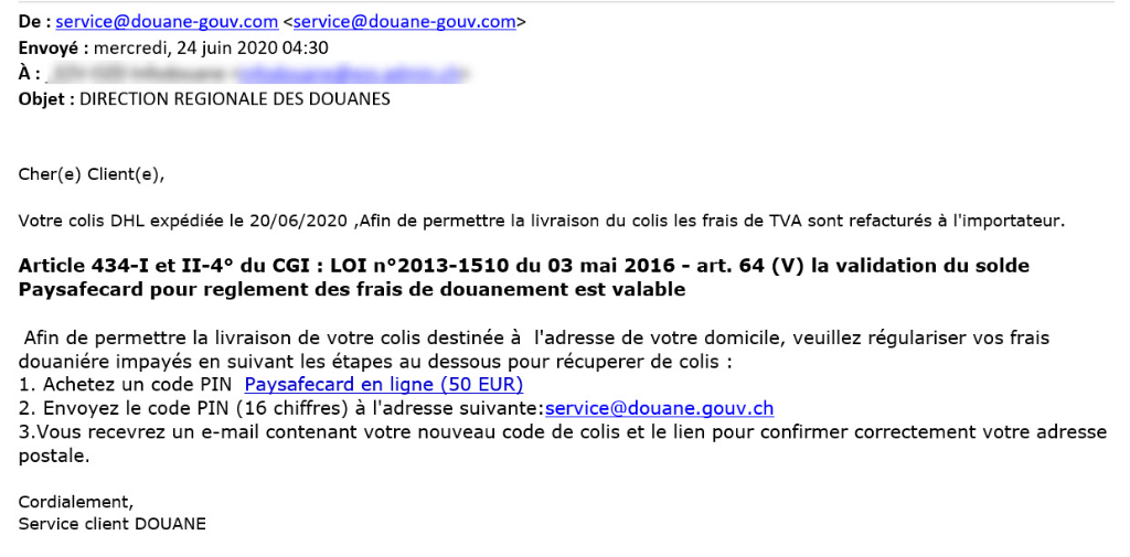 Exemple d'un mail frauduleux